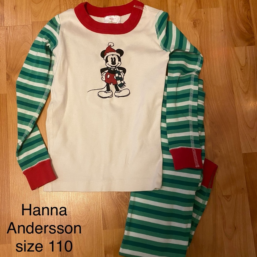 Hanna Andersson Kids Pajama Set - Red and Green Stripes with Santa Mickey Design